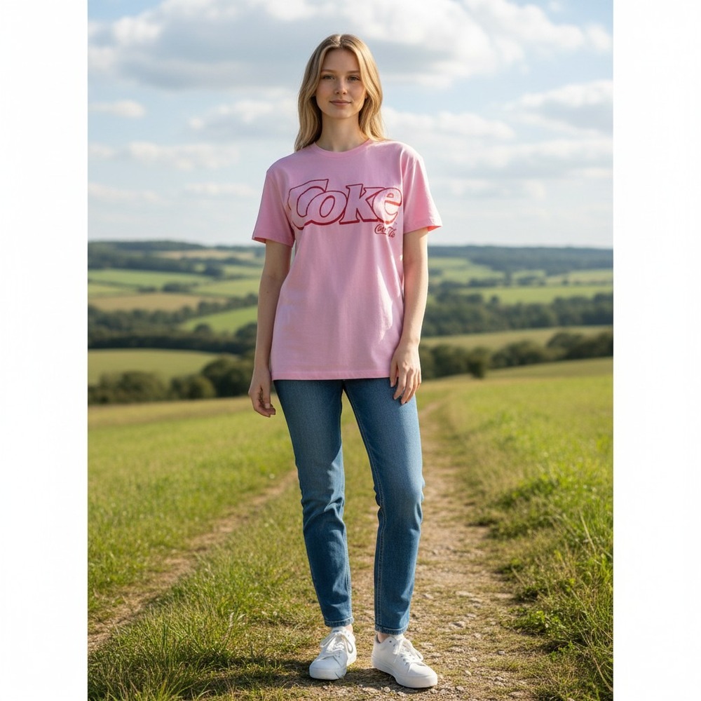 HM Coca-Cola Graphic T-Shirt Pink Red Coke Logo Short Sleeve Women M Boxy Crop